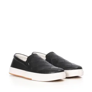 Black Leather Slip-on Sneakers With A Maxi Woven Upper