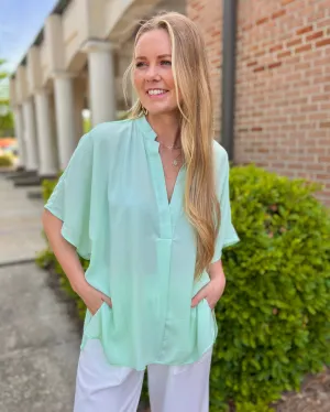 Got Me Good Mint V Neck High Low Hem Short Sleeve Blouse