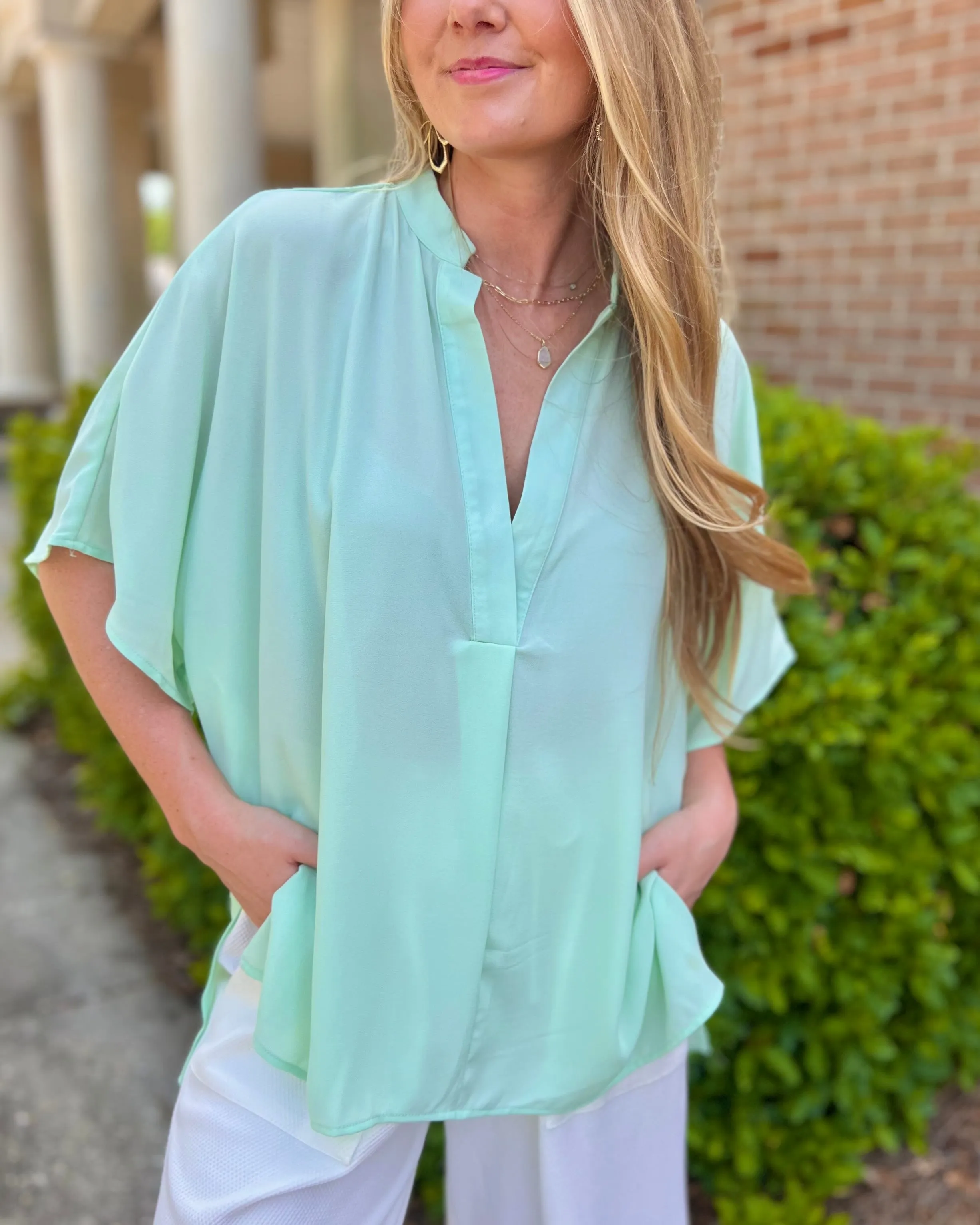 Got Me Good Mint V Neck High Low Hem Short Sleeve Blouse