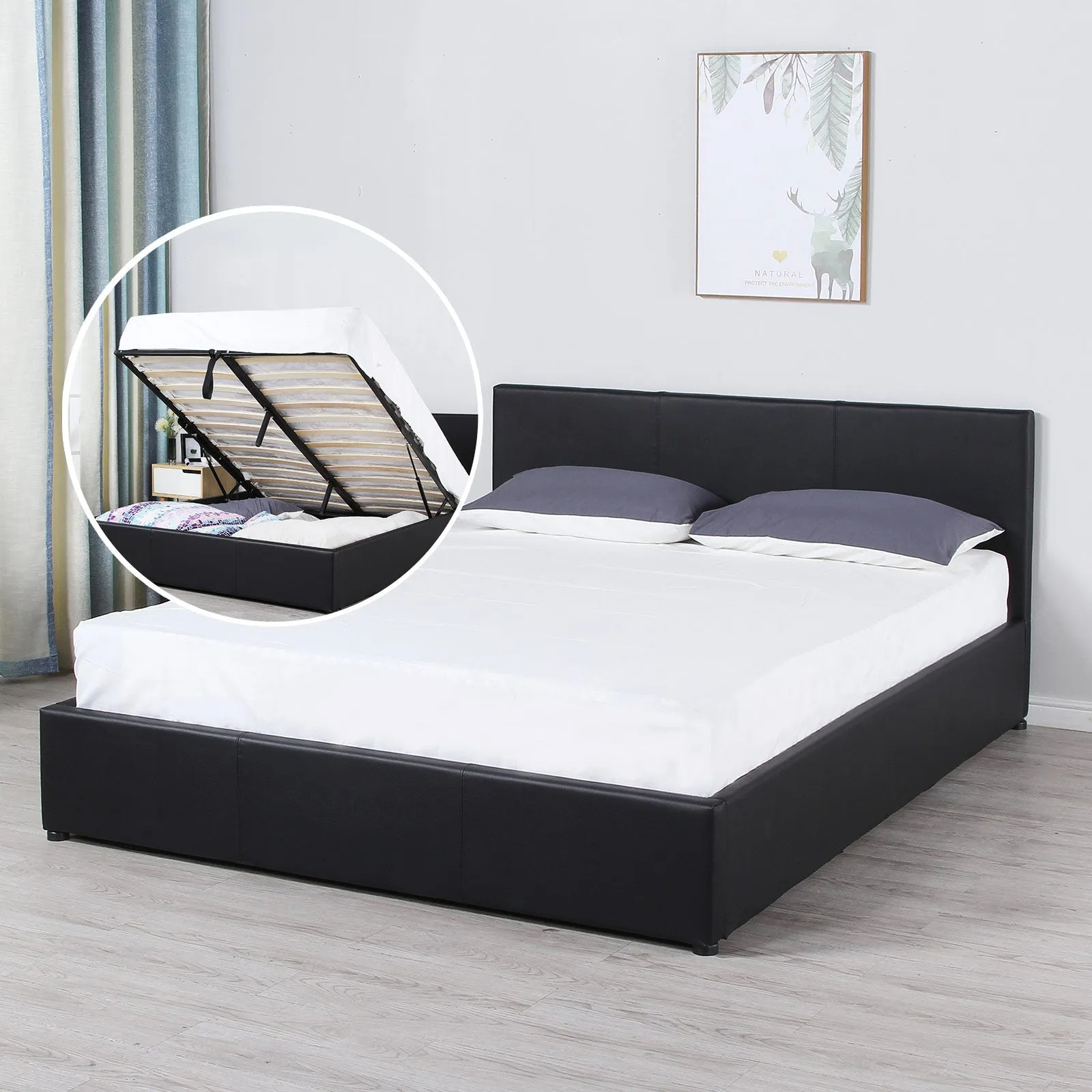 Milano Luxury Gas Lift Bed Frame w/ Headboard - Black - Queen