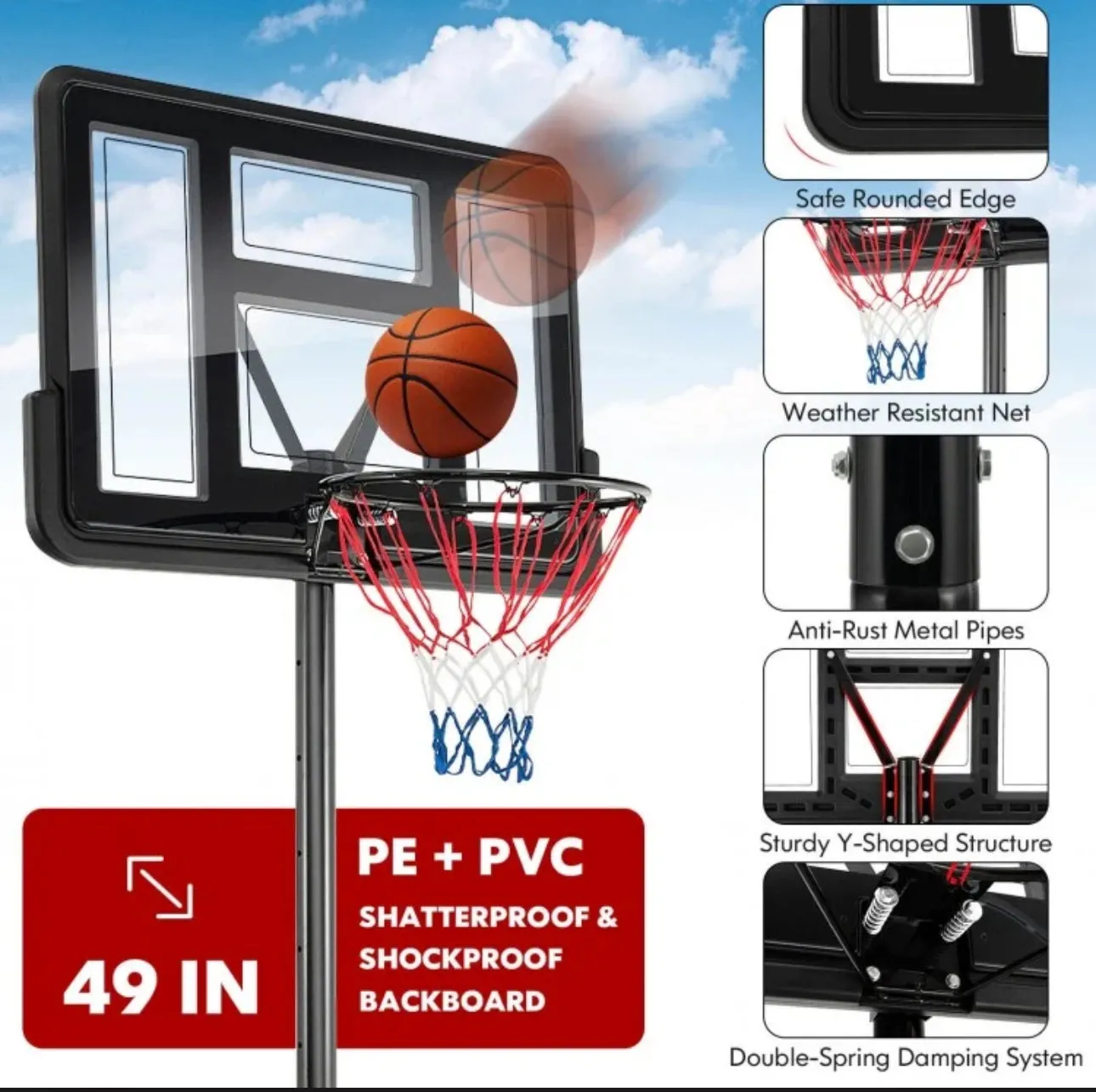 Super Cool Adjustable 12 Levels Basketball Net Hoop Set With 44” Backboard | 4-10 Feet | Wheels | 18” Rim | 2 Nets | Heavy-duty | Indoor | Outdoor