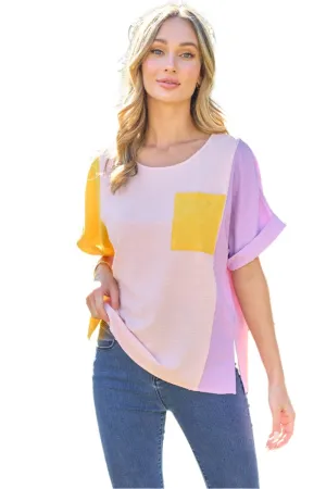 TEEK - Yellow Mix Color Block Short Sleeve Top